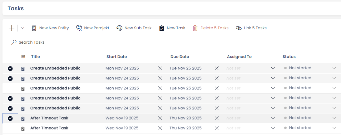 The task table with several tasks selected